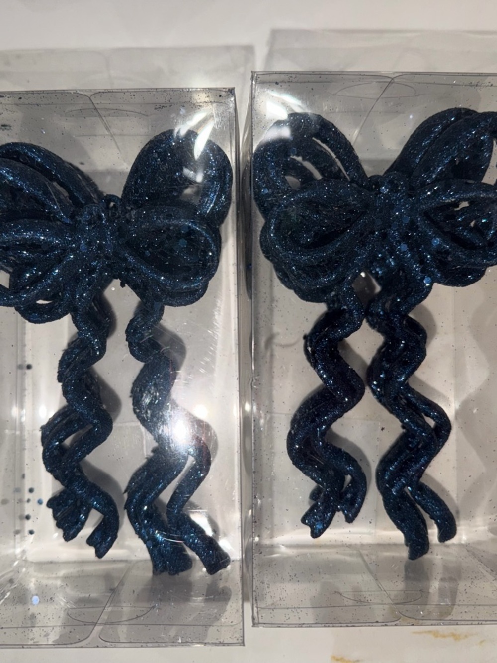 Glitter Bow Ribbon Ornaments - Sparkling Navy Blue